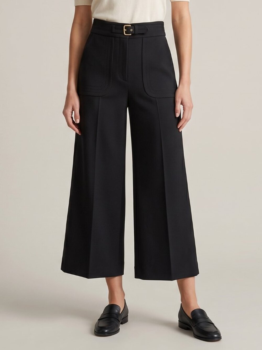 RED Valentino High-Waist Belted Wide Leg Cropped Trousers Culottes Black IT 36